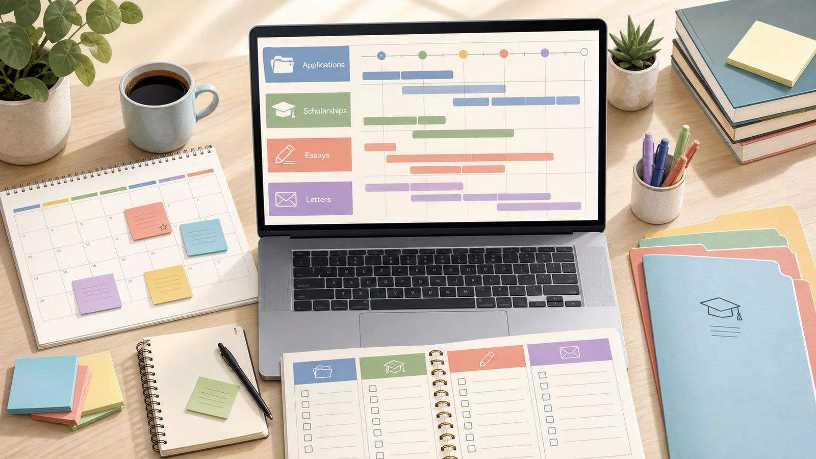 College Application and Scholarship Planner dashboard with application, scholarship, essay, and recommendation timeline rows