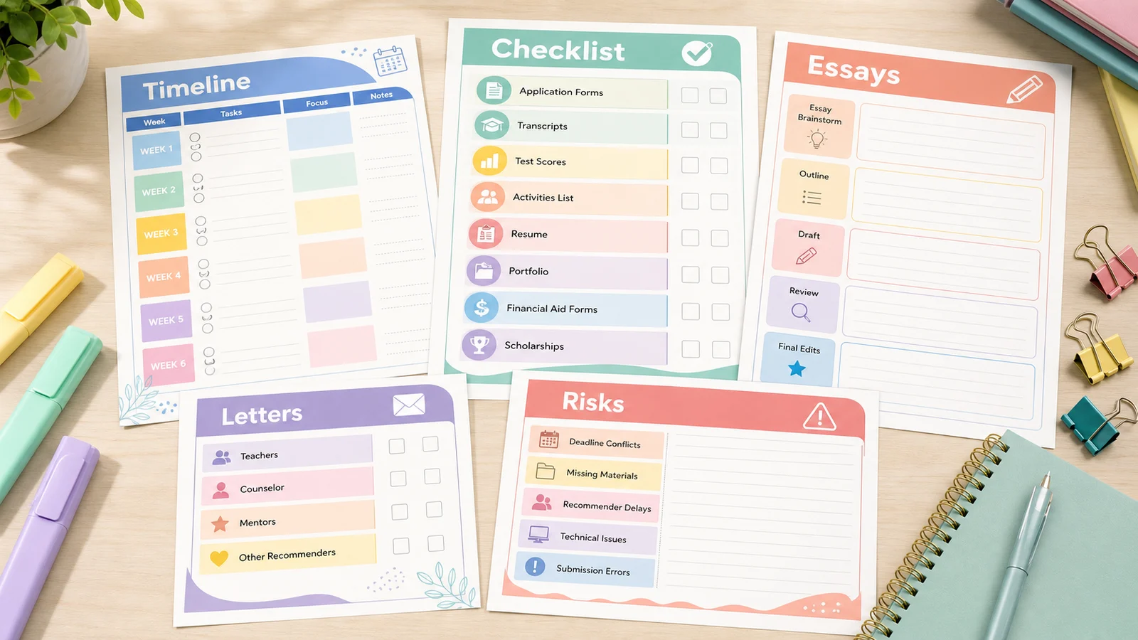 Printable college application and scholarship planner sheets with timeline, checklist, essay, letter, and risk pages
