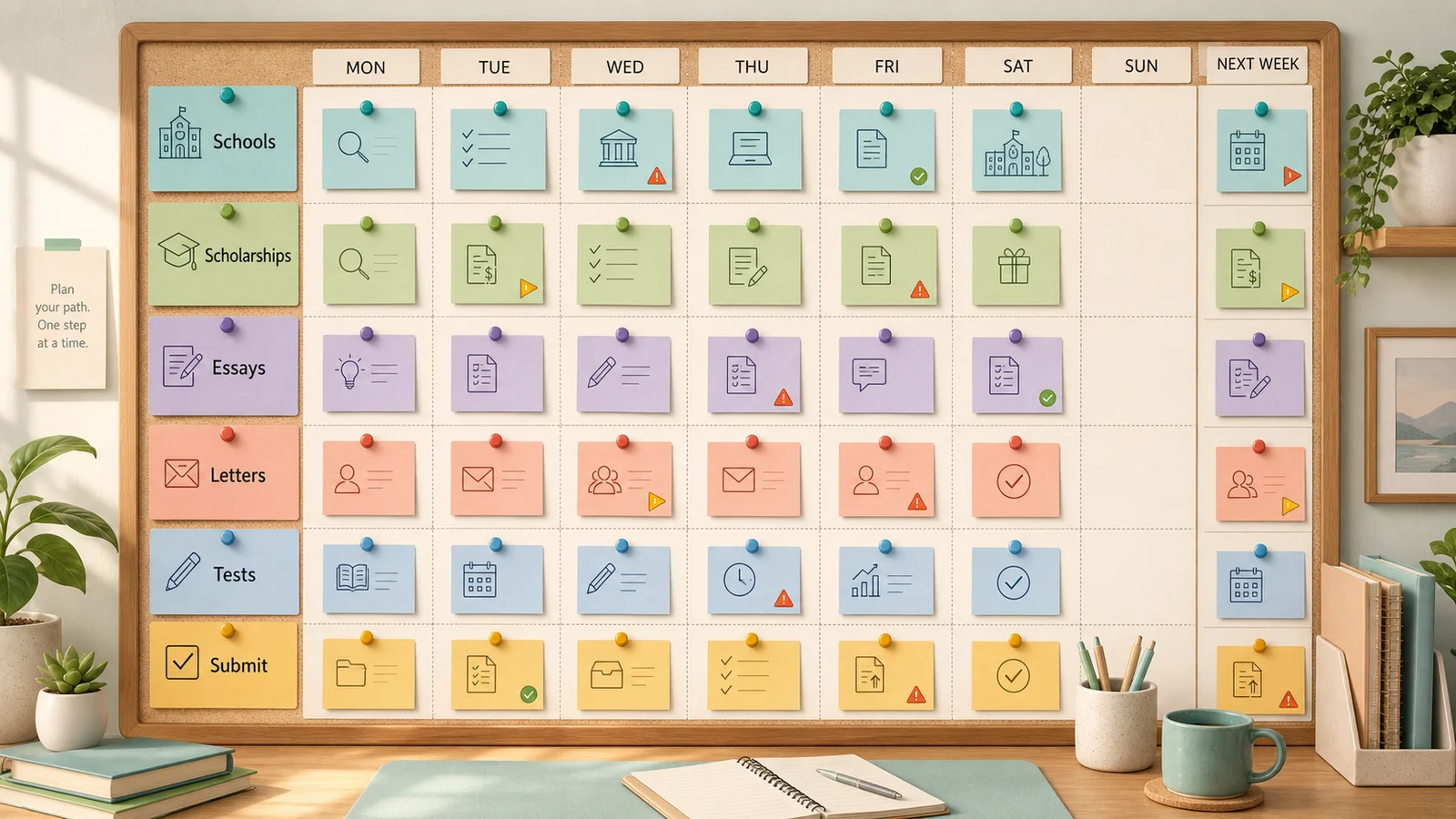 Color-coded college application planning board with rows for schools, scholarships, essays, letters, tests, and submission