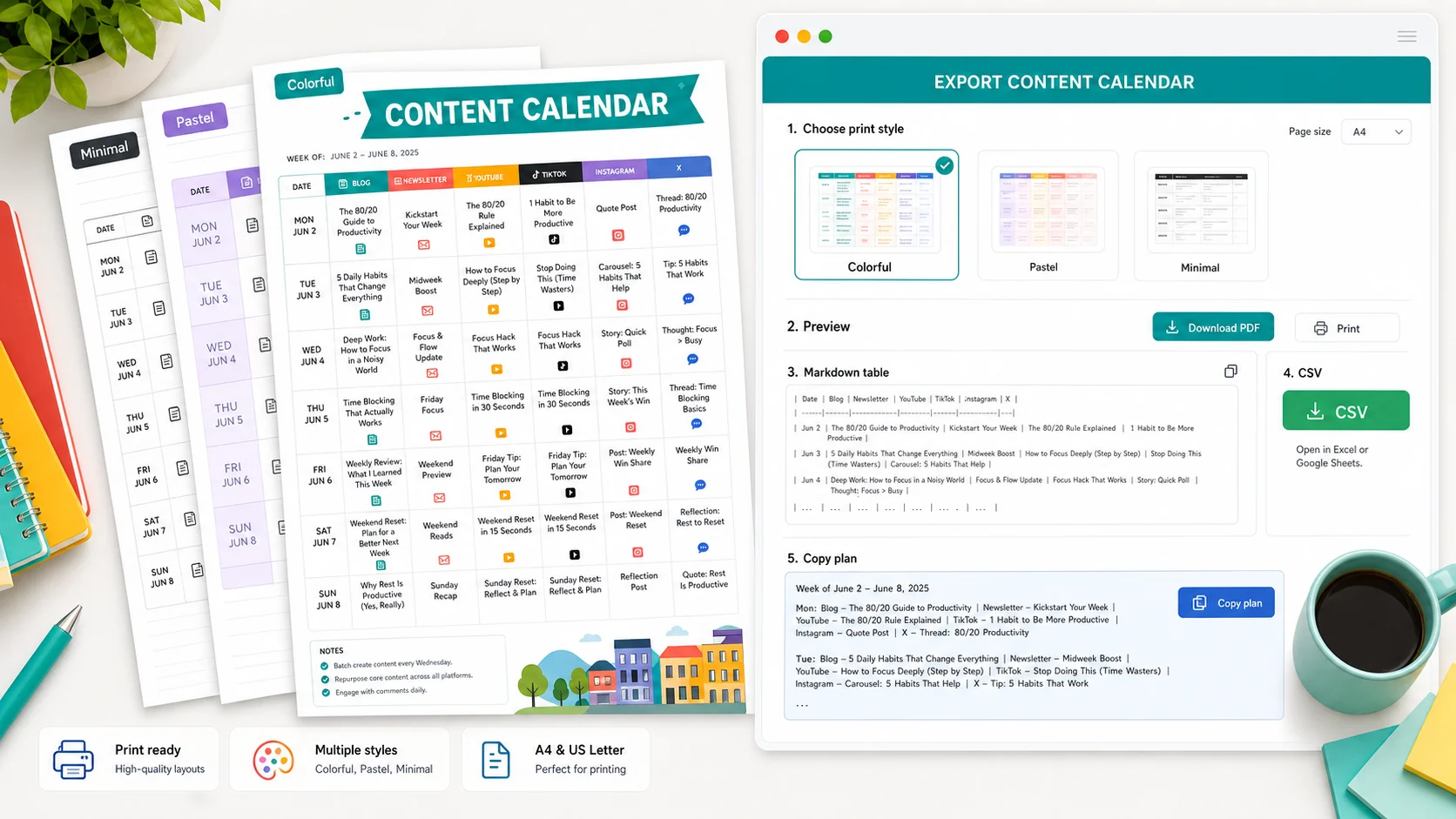 Printable Content Calendar Planner pages with colorful print styles, Markdown table, CSV export, and copy plan controls