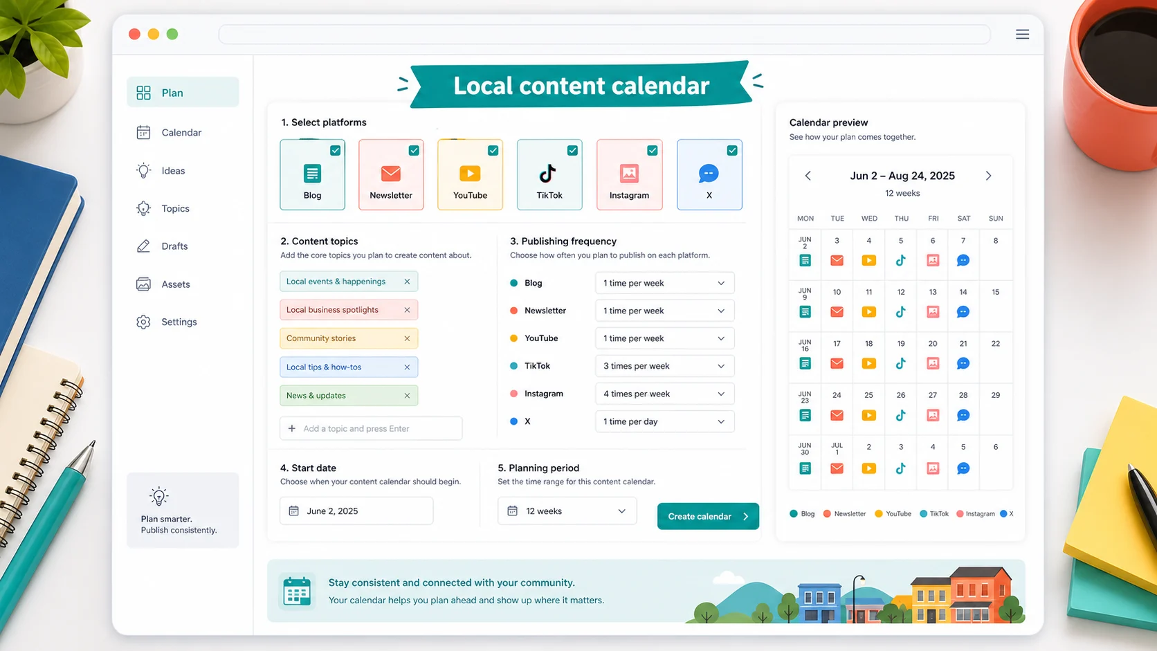 Content Calendar Planner input screen with platforms, topics, publishing frequency, start date, and planning period