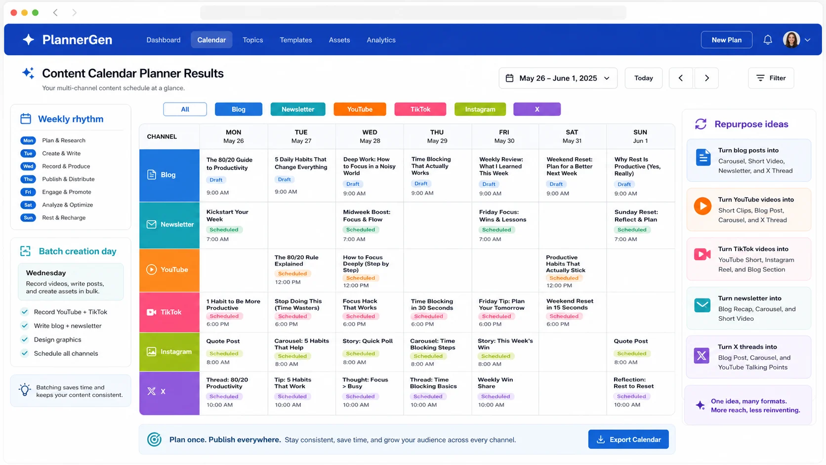 Content Calendar Planner result with publishing calendar, weekly rhythm, batch creation day, and repurposing ideas