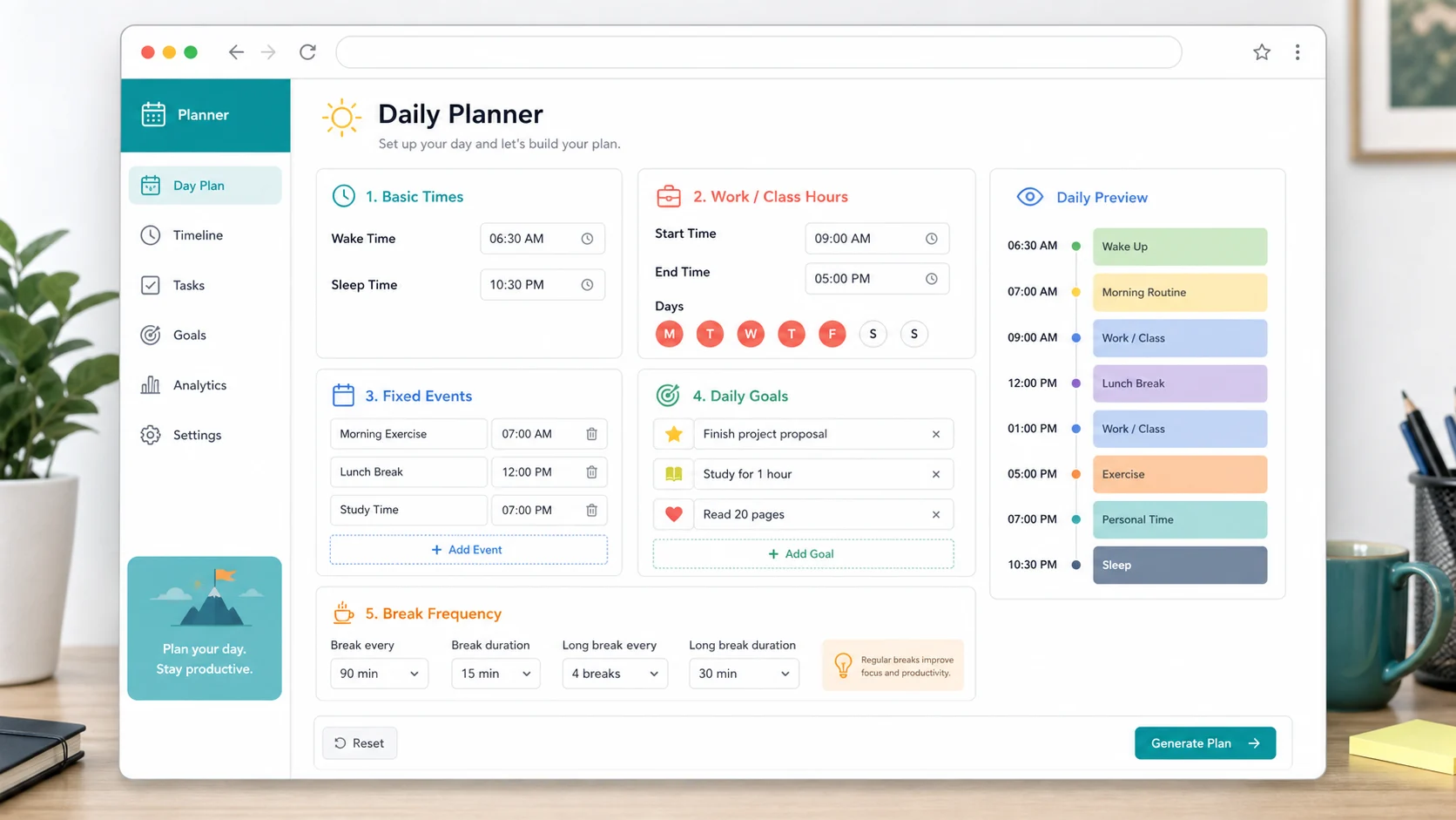 Daily Routine and Time Blocking Planner input form with wake time, sleep time, fixed events, goals, and break controls