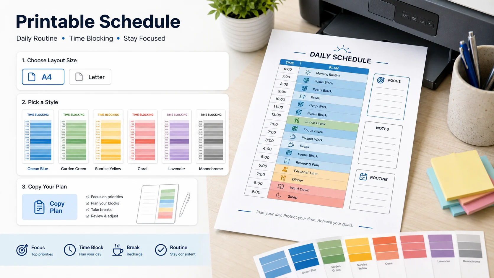 Printable Daily Routine and Time Blocking Planner timetable with colorful print styles
