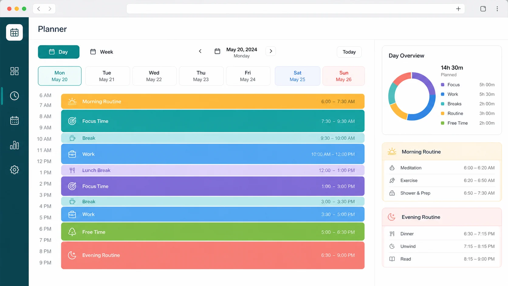 Colorful Daily Routine and Time Blocking Planner schedule with focus, break, free time, morning, and evening blocks