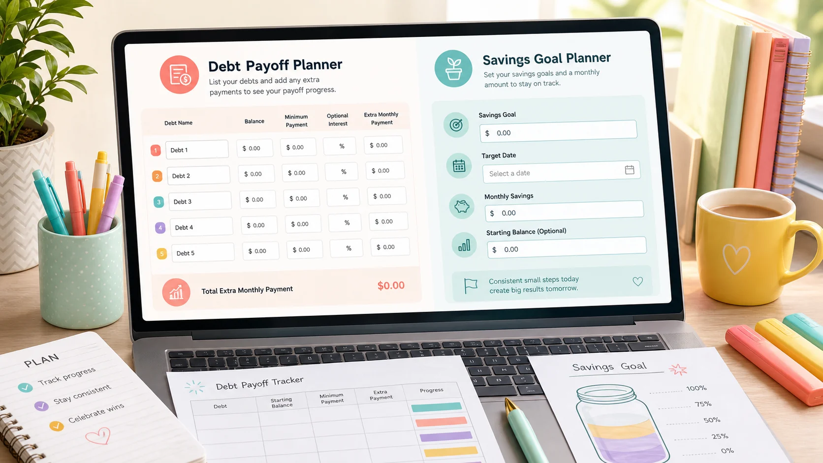 Debt payoff and savings planner input form with debt balances and savings goal fields