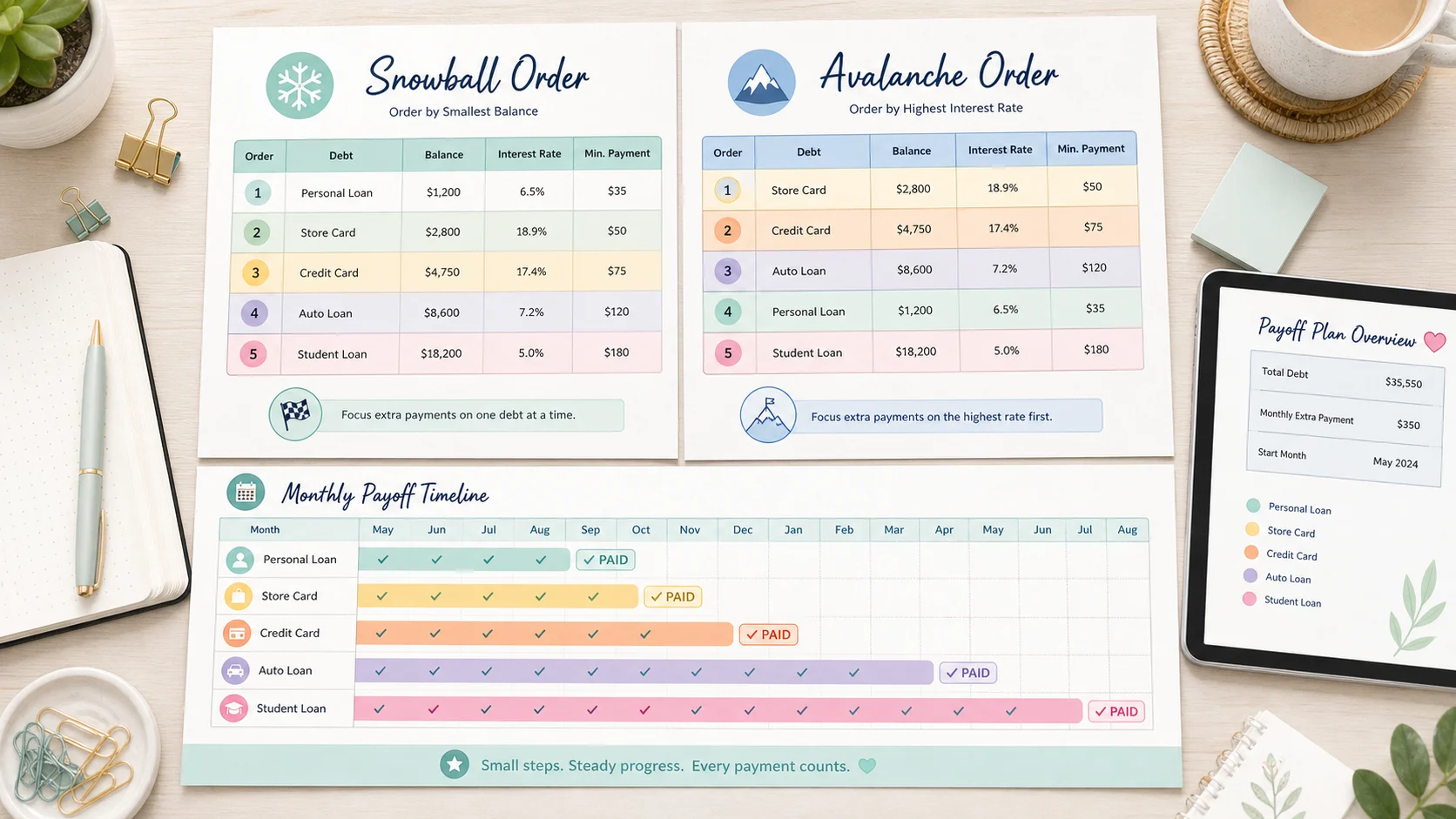 Printable snowball and avalanche payoff order comparison with monthly payoff timeline