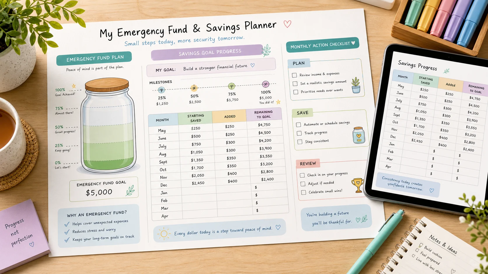 Emergency fund and savings progress planner with monthly action checklist