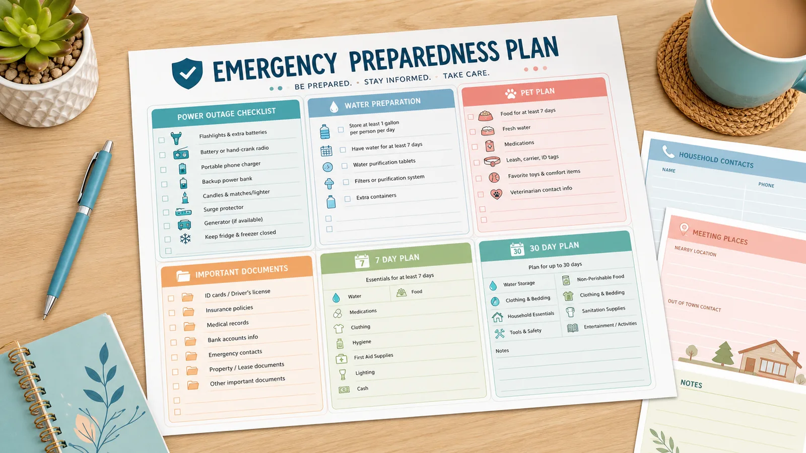 A family emergency plan worksheet with contact blocks and evacuation route cards on a table