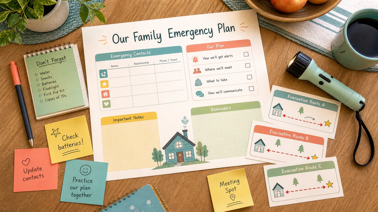 A soft colorful go bag checklist scene with backpack, water, flashlight, charger, documents, and pet leash