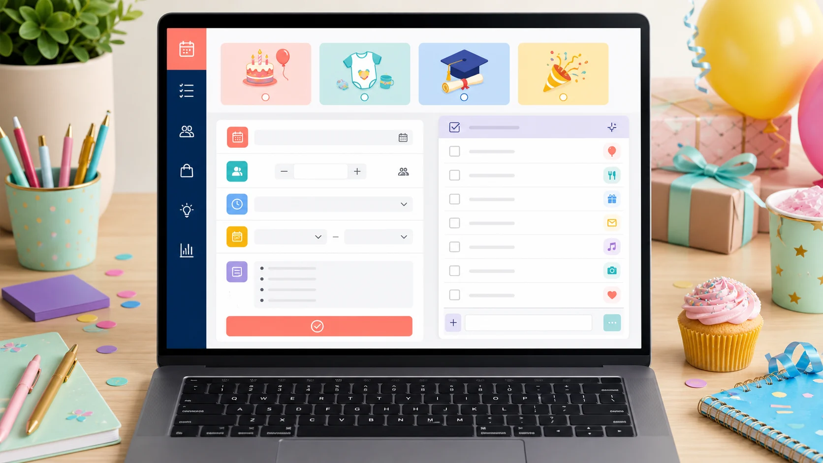 Event Checklist and Party Planner input screen with event type, date, guest count, preparation cycle, and main tasks