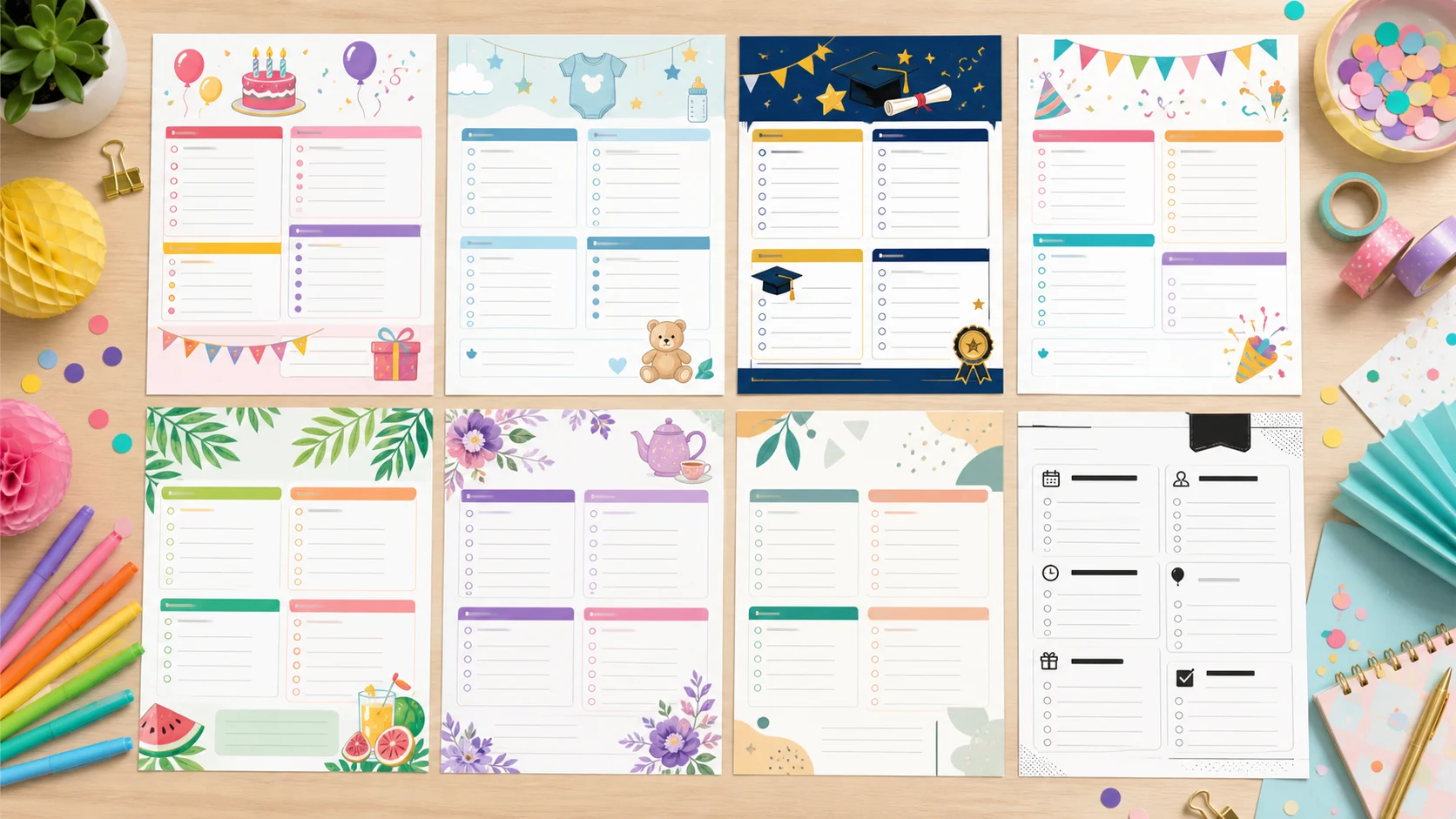 Printable Event Checklist and Party Planner sheets in colorful party, baby shower, graduation, garden, and monochrome styles