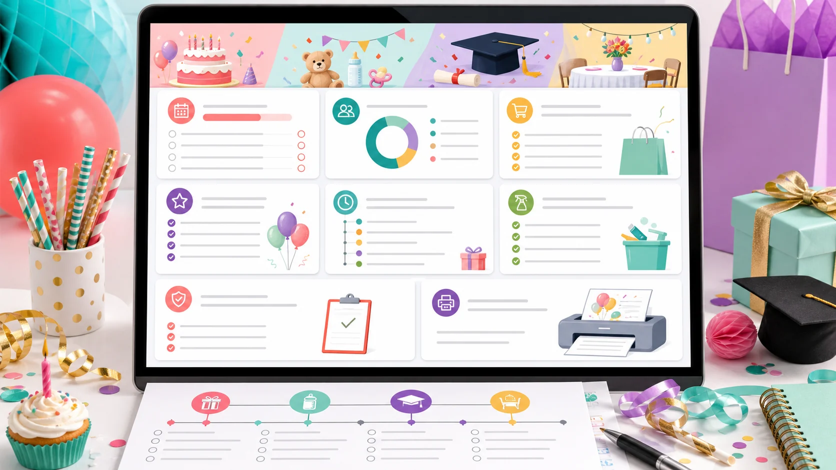 Event Checklist and Party Planner result dashboard with countdown tasks, invitation checklist, shopping list, decor checklist, day-of flow, wrap-up tasks, and final check