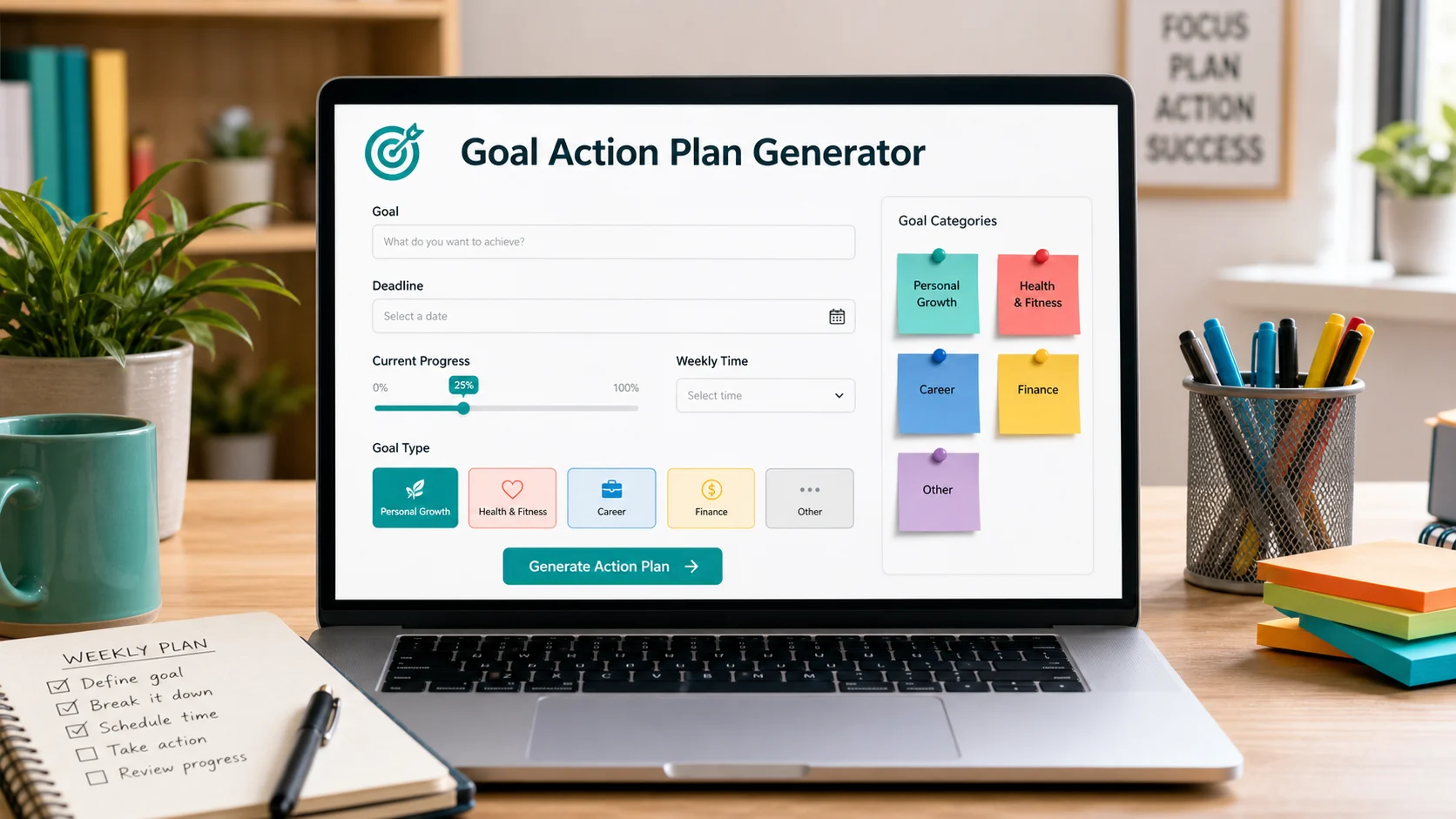 Goal Action Plan Generator input form with goal, deadline, weekly time, progress, and goal type fields