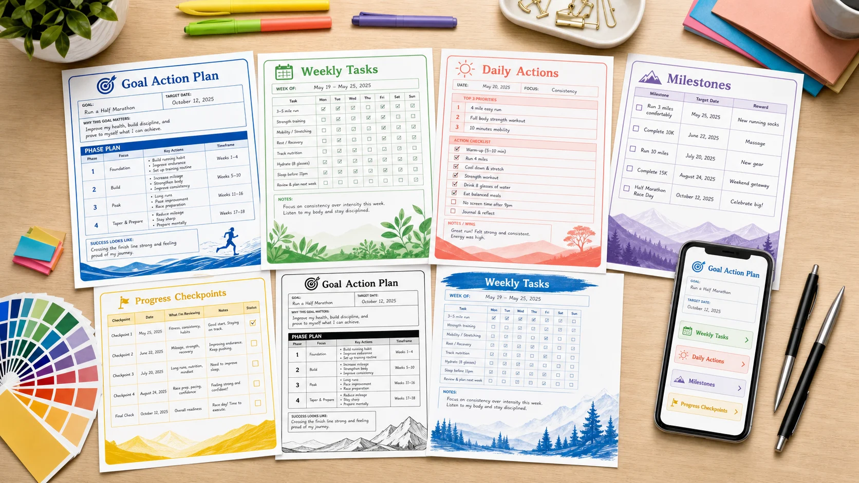 Printable Goal Action Plan Generator pages with colorful weekly tasks, daily actions, milestones, and progress checkpoint layouts