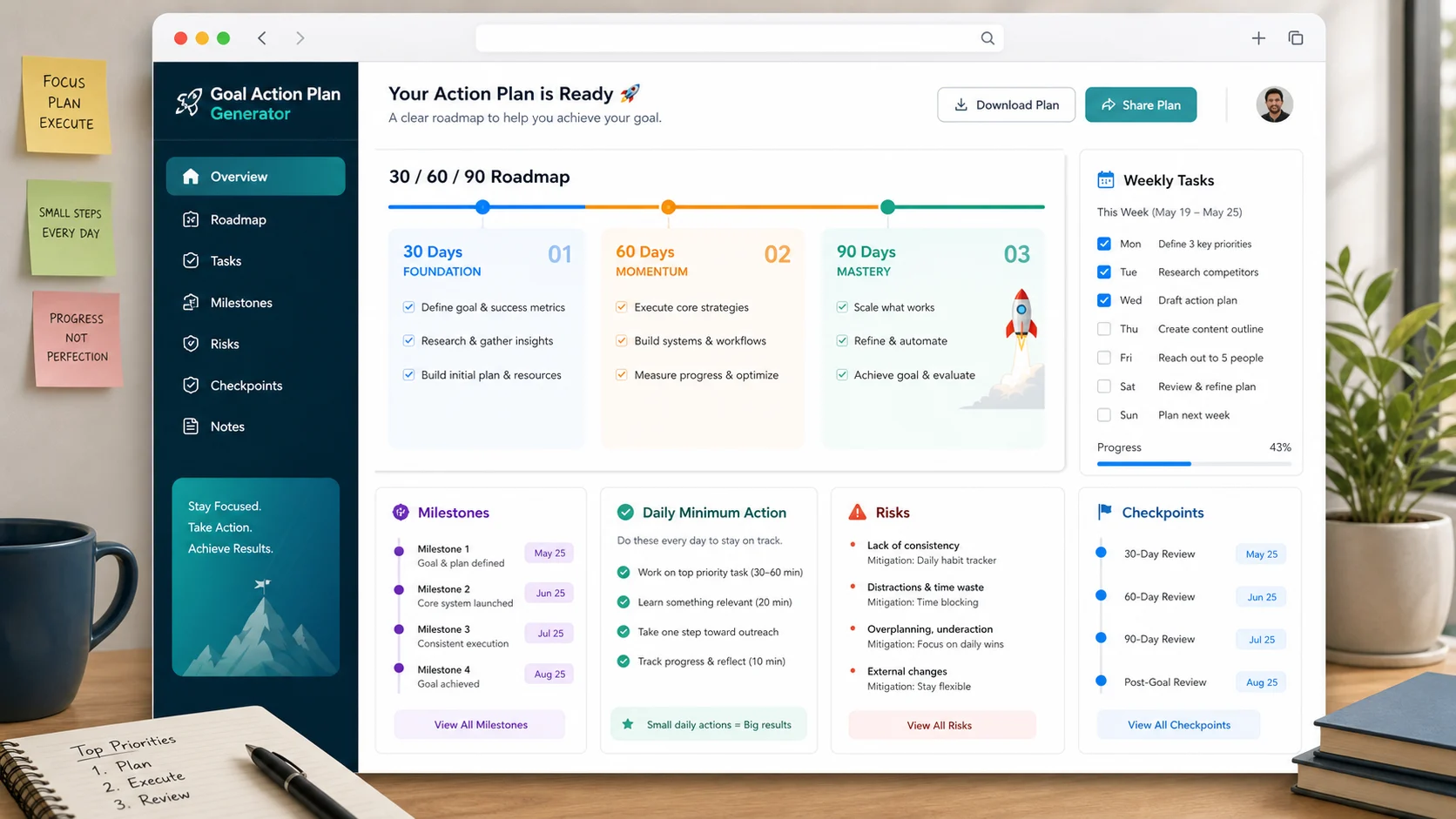 Goal Action Plan Generator dashboard showing a 30/60/90 roadmap, weekly tasks, milestones, risks, and checkpoints