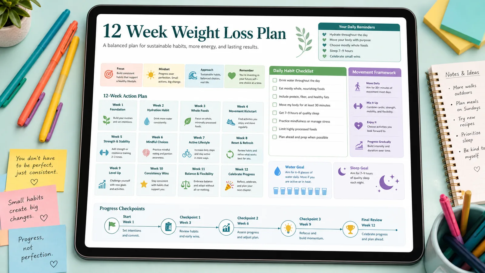 Generated 12 Week Weight Loss Plan with weekly goals, daily habits, water, sleep, and progress checkpoints
