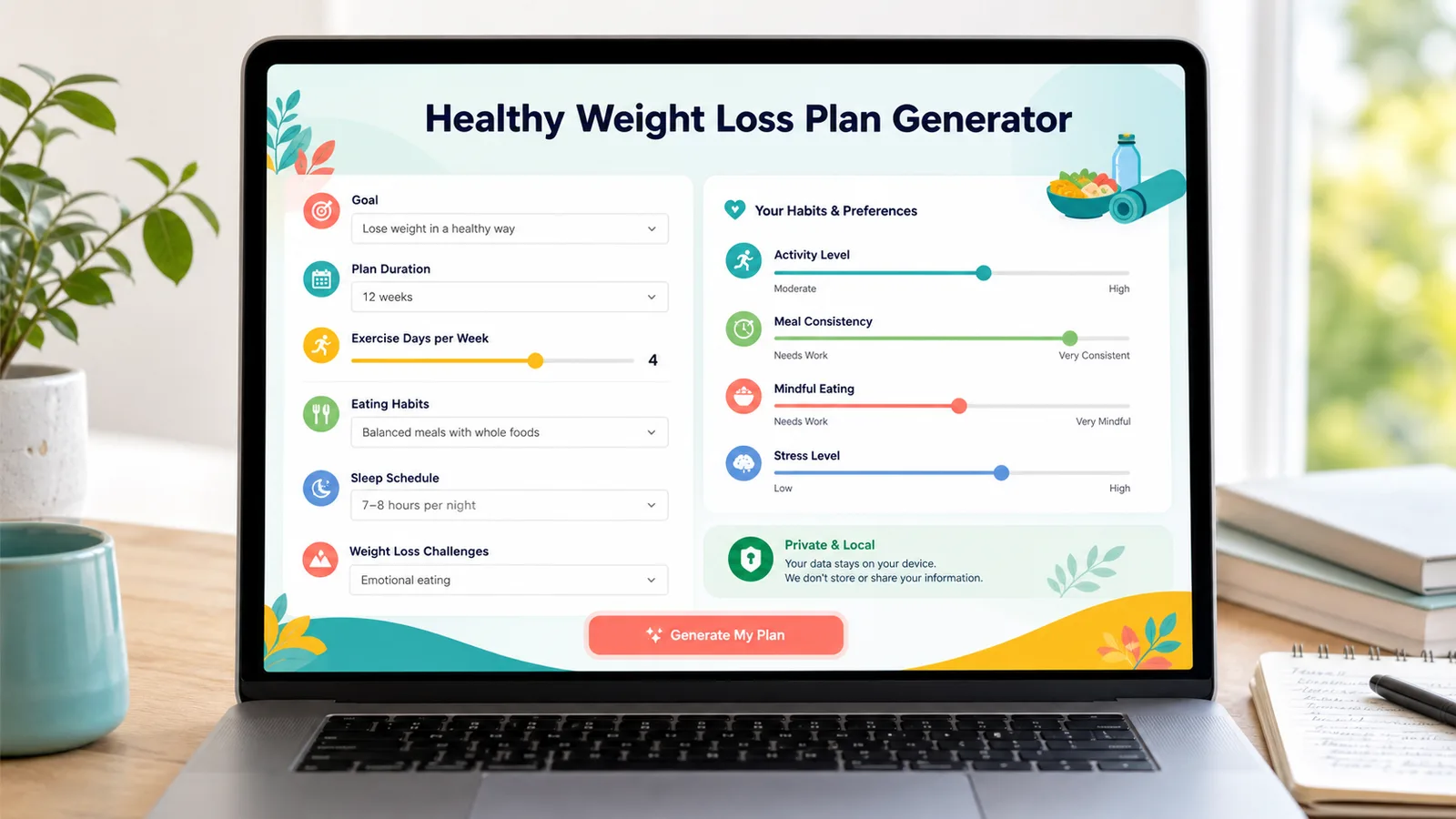 Healthy Weight Loss Plan Generator form showing goal, plan duration, exercise days, eating habits, sleep, and challenges