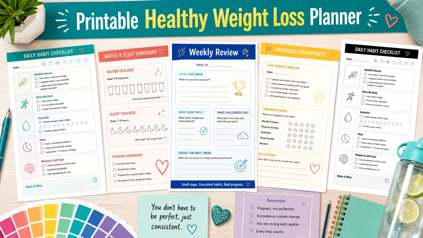 Printable Healthy Weight Loss Planner pages with daily habit checklist, weekly review, water, sleep, and progress checkpoints