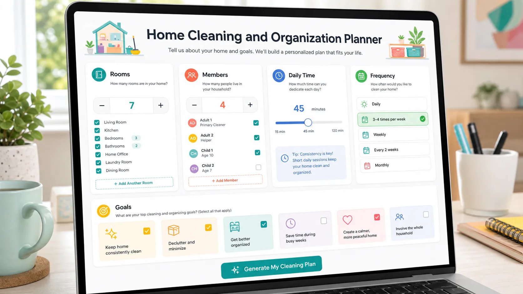 Home Cleaning and Organization Planner input screen with rooms, household members, daily time, cleaning frequency, and organization goals