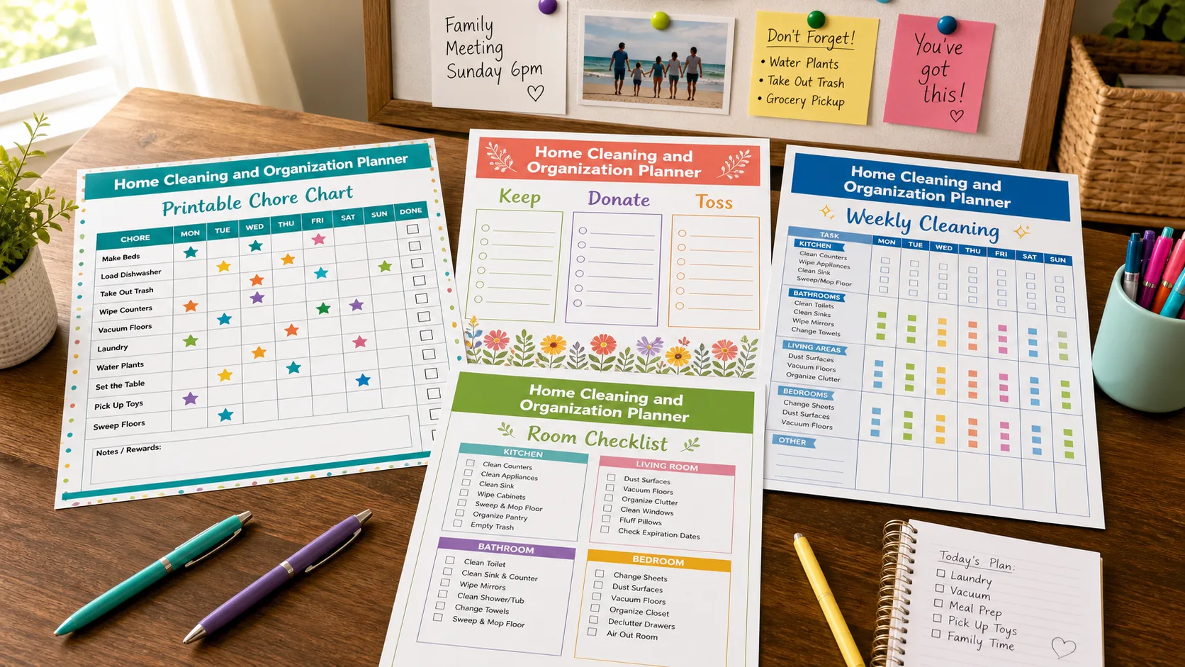Printable Home Cleaning and Organization Planner chore charts and keep donate toss sheets in colorful styles