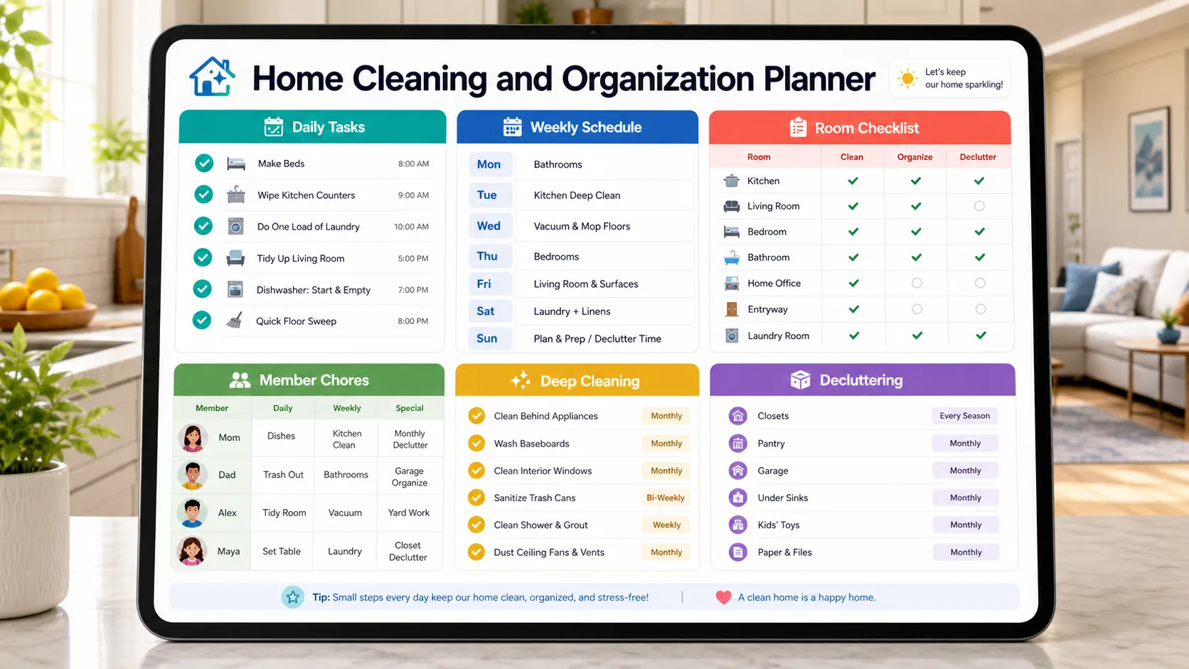 Home Cleaning and Organization Planner result dashboard with daily tasks, weekly schedule, room checklist, chores, deep cleaning, and decluttering