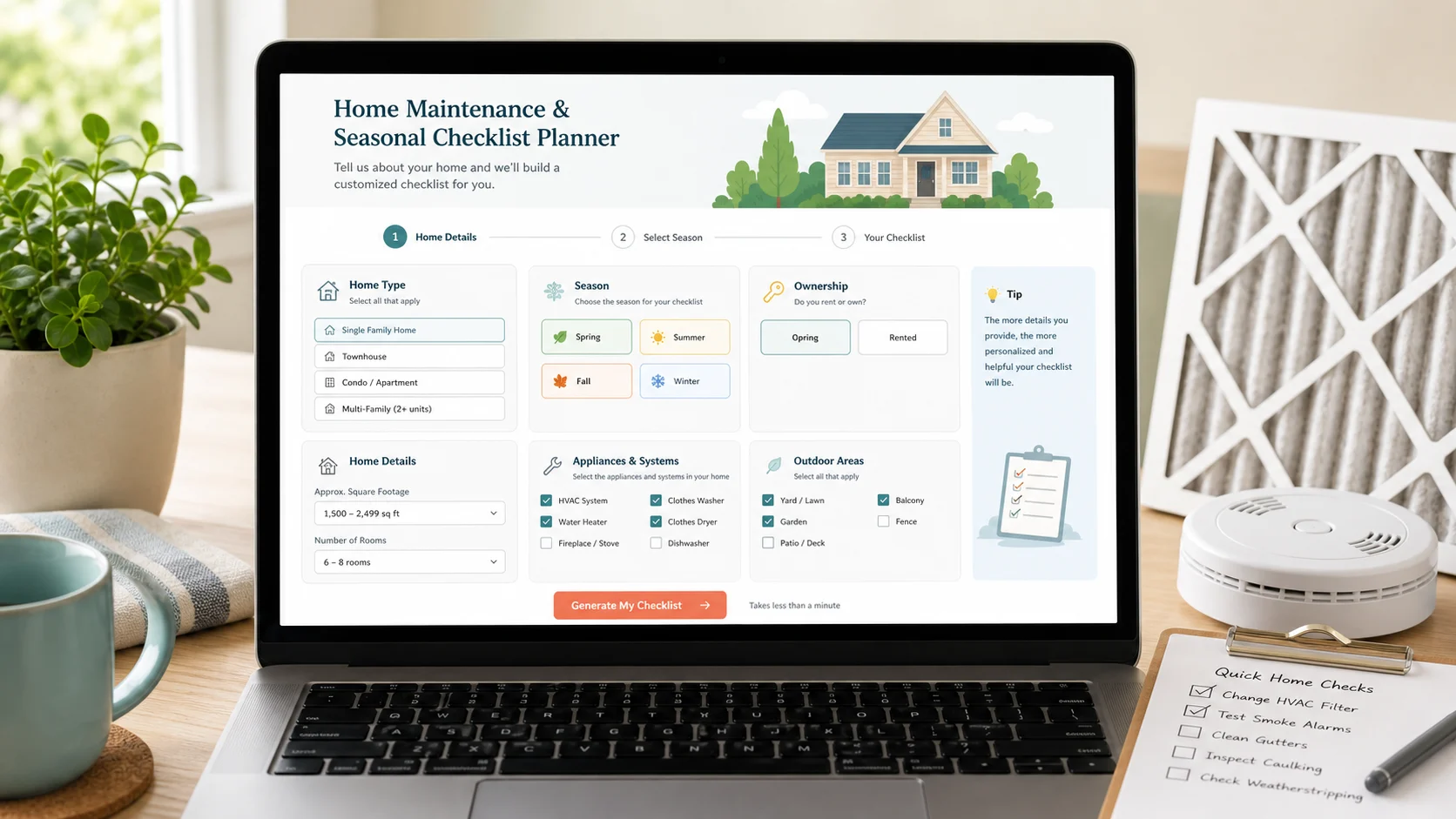 Home Maintenance and Seasonal Checklist Planner input form with home type, season, ownership, appliances, yard, and balcony choices