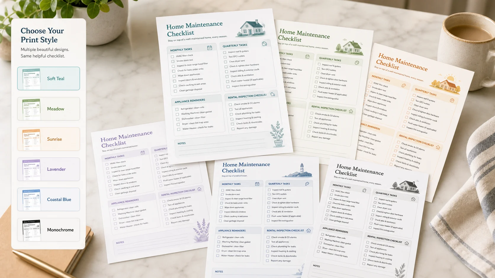Printable Home Maintenance and Seasonal Checklist Planner sheets in soft colorful print styles