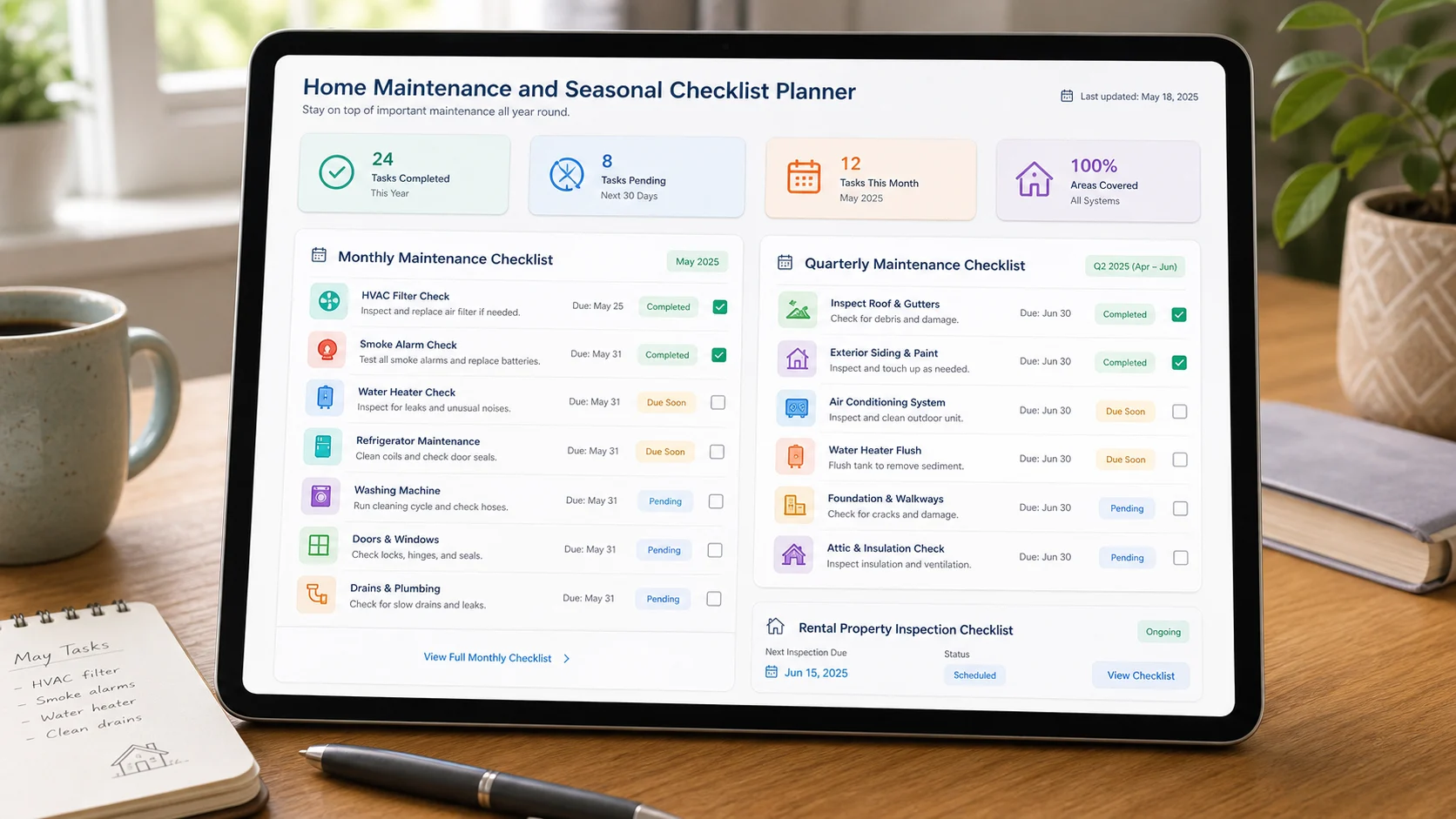 Home Maintenance and Seasonal Checklist Planner result dashboard with monthly checklist, quarterly checklist, appliance reminders, and rental inspection prompts