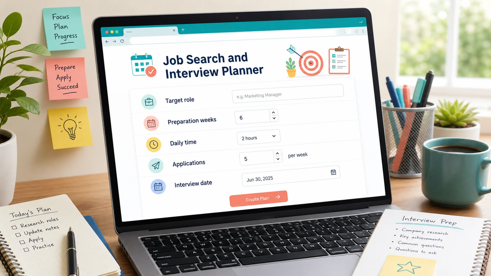 Job Search and Interview Planner form with target role, daily time, weekly applications, and interview date fields