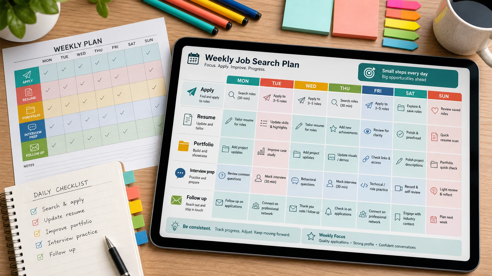 Weekly Job Search and Interview Planner output with daily tasks and colorful planning sections