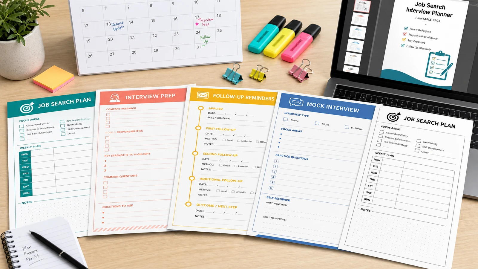 Printable Job Search and Interview Planner pages with multiple colorful print styles