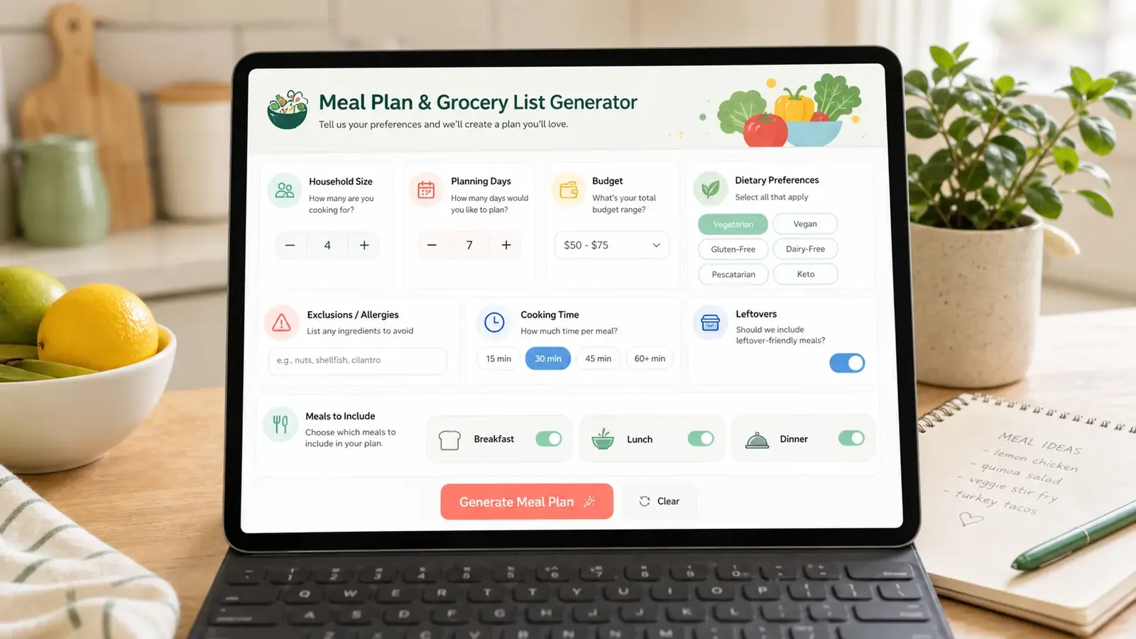 Meal Plan and Grocery List Generator input screen with household size, days, budget, preferences, exclusions, cooking time, leftovers, and meals