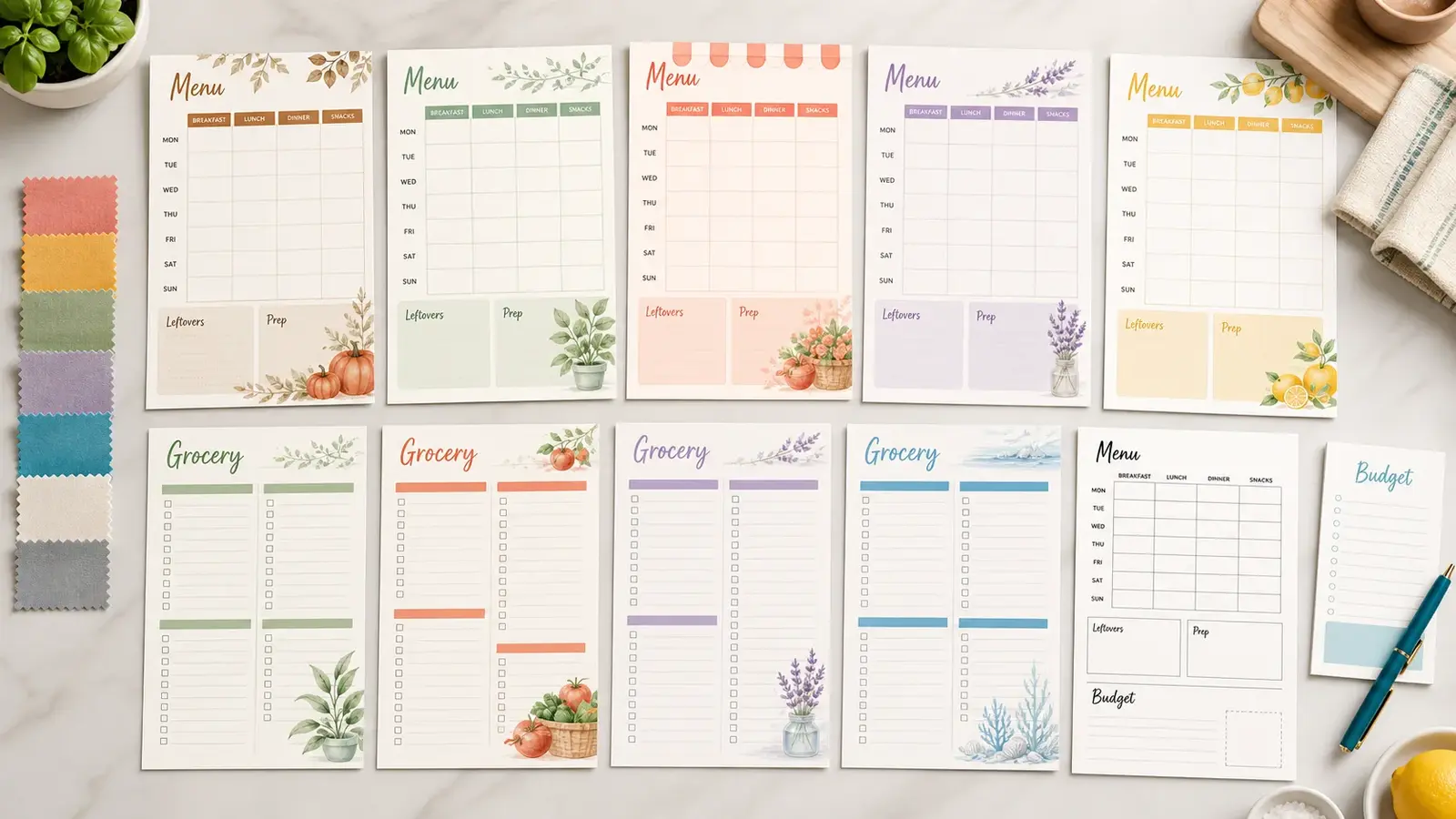 Printable Meal Plan and Grocery List Generator sheets in several soft colorful menu and grocery list styles