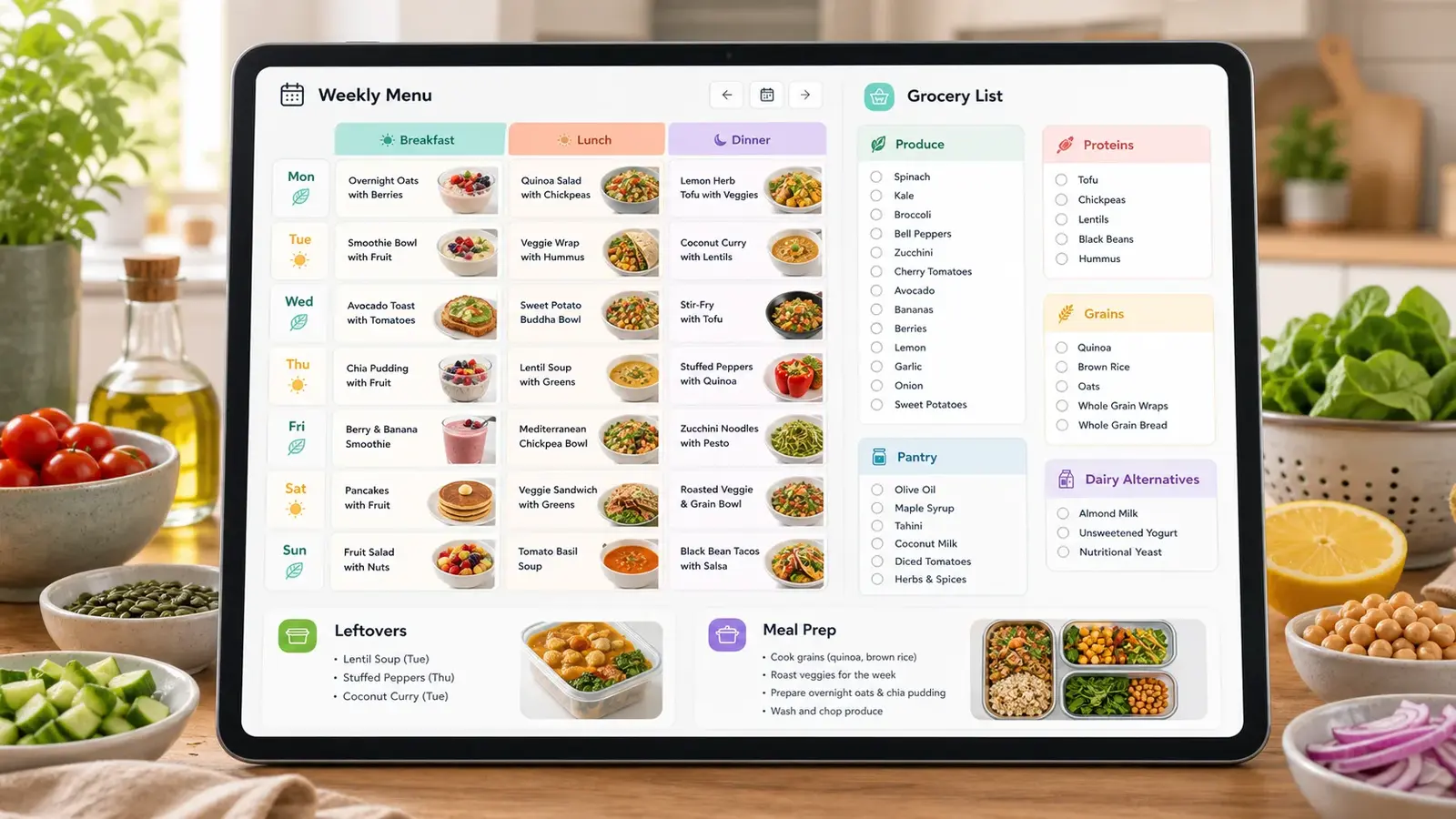 Meal Plan and Grocery List Generator result showing weekly menu, grocery list, leftovers, and meal prep notes