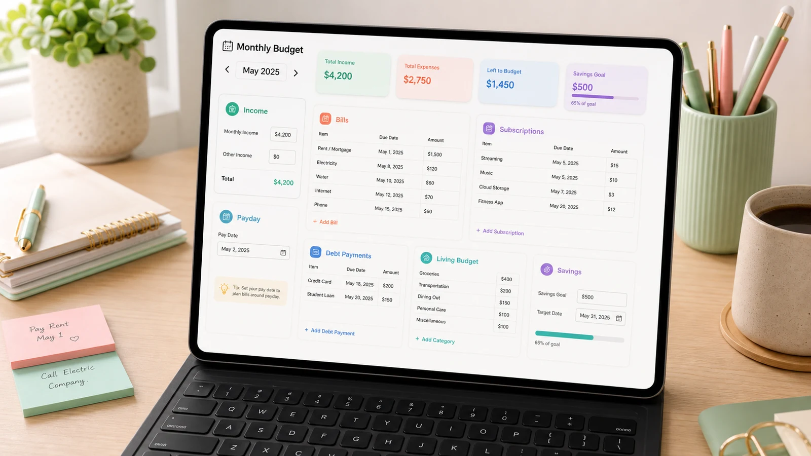 Monthly Budget and Bill Calendar Planner input screen with income, payday, bills, subscriptions, debt payments, living budget, and savings goal