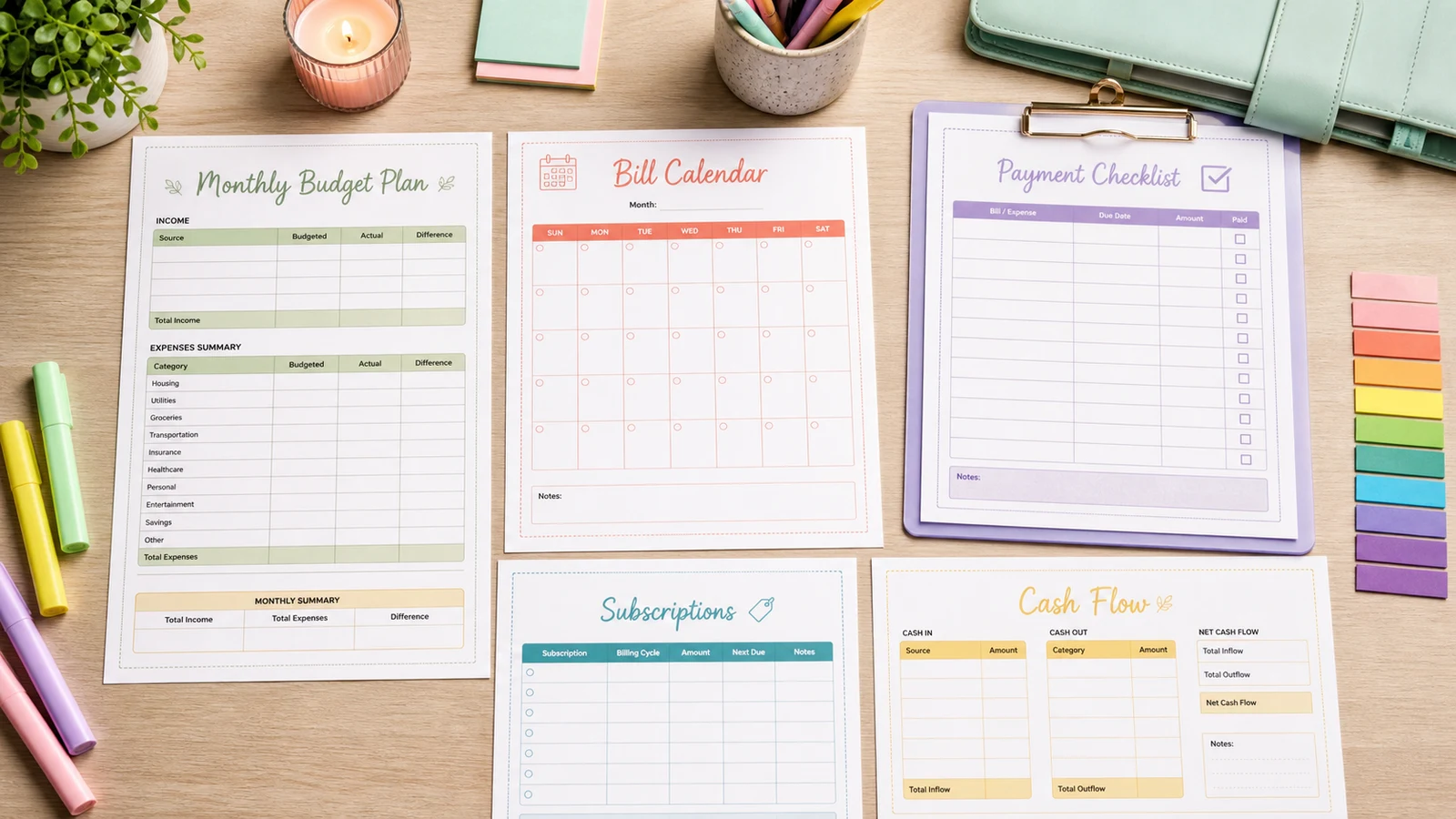 Printable Monthly Budget and Bill Calendar Planner pages with budget summary, bill calendar, payment checklist, subscriptions, and cash flow