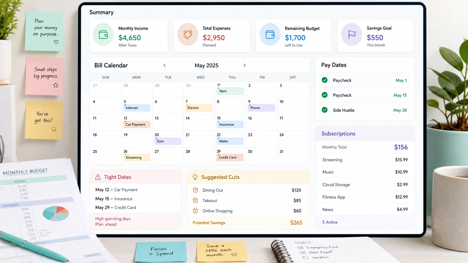 Monthly Budget and Bill Calendar Planner dashboard with bill calendar, subscription totals, cash flow tight dates, pay dates, and suggested cuts