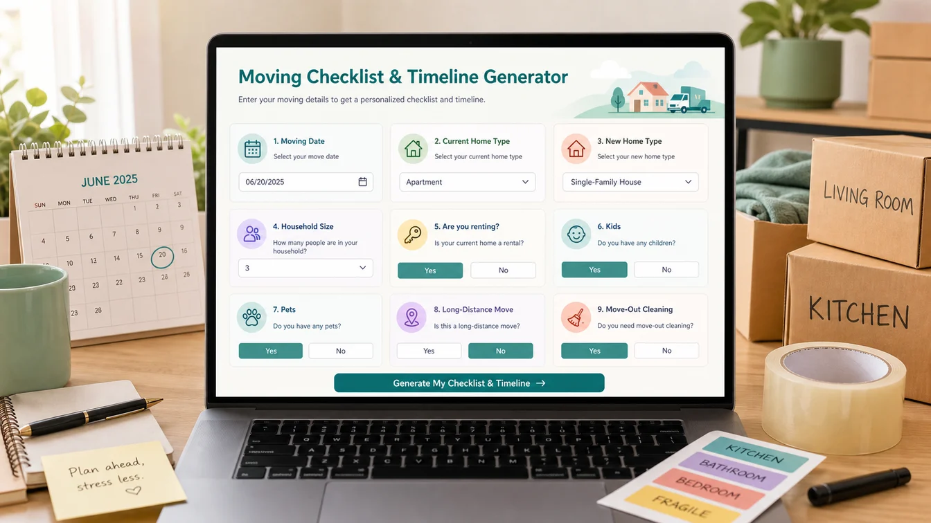 Moving Checklist and Timeline Generator input screen with move date, home type, household size, rental, children, pets, long-distance, and cleaning fields
