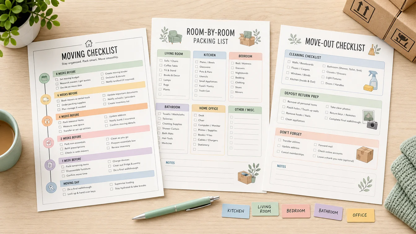 Printable Moving Checklist and Timeline Generator sheets with soft colorful moving checklist styles