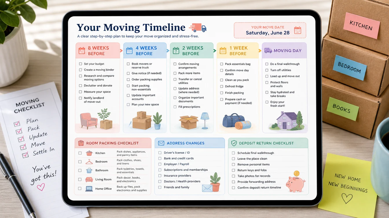 Moving Checklist and Timeline Generator result with timeline cards, room packing checklist, address changes, and deposit return checklist
