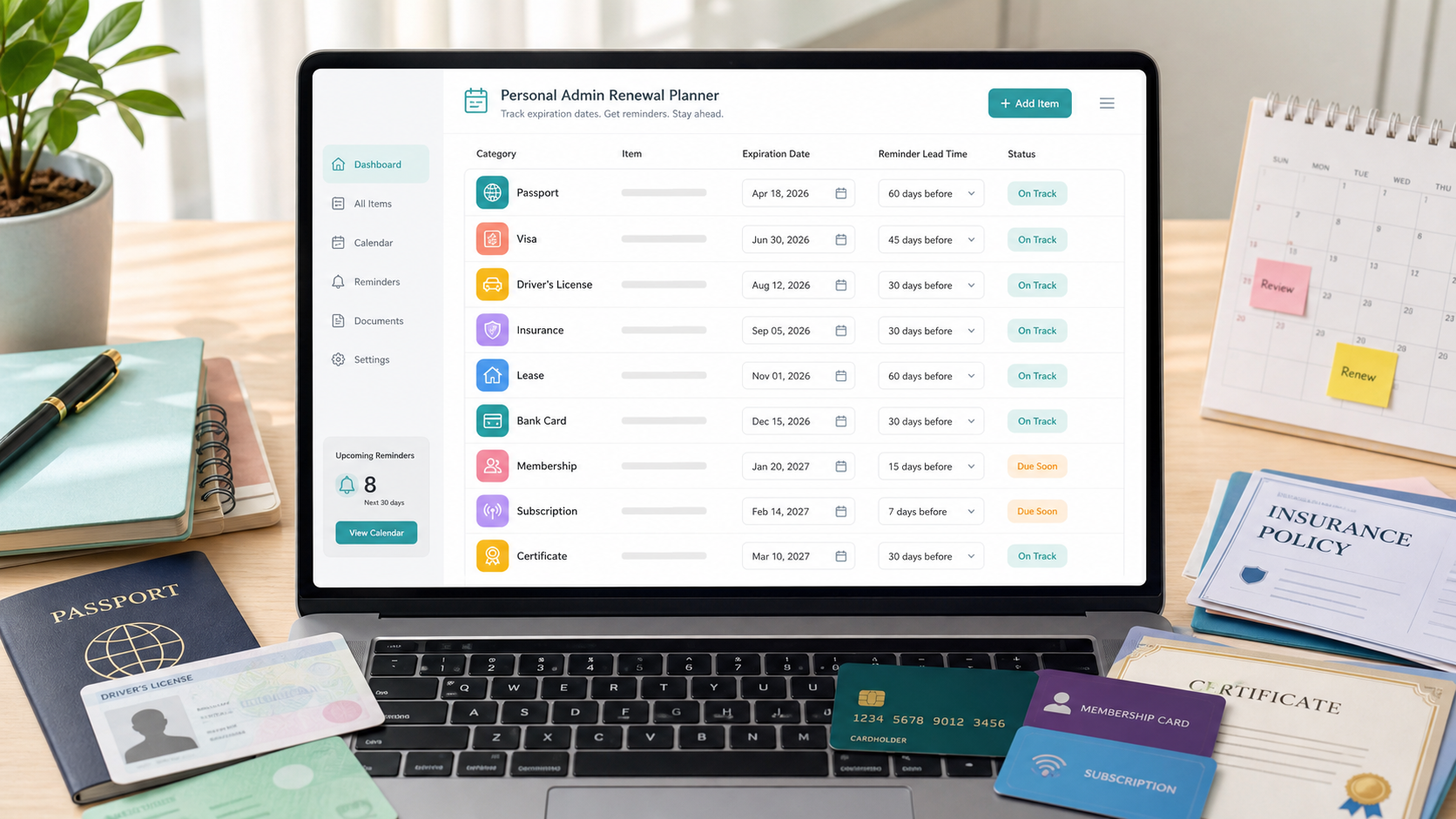 Personal Admin and Document Renewal Planner input form with passport, visa, driver's license, insurance, lease, bank card, membership, subscription, and certificate rows