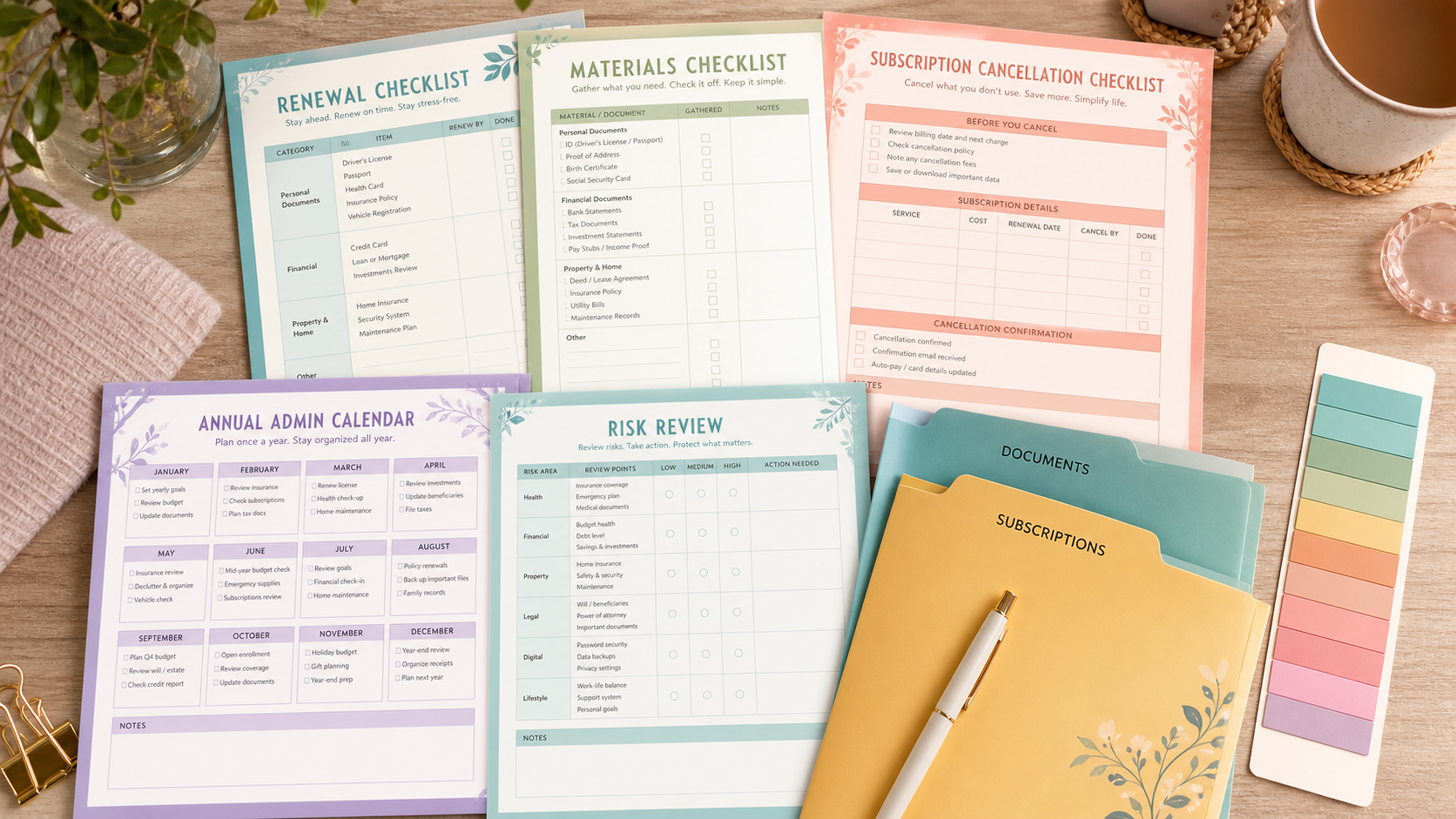 Printable Personal Admin and Document Renewal Planner sheets with renewal checklist, materials checklist, subscription cancellation checklist, annual admin calendar, and risk review