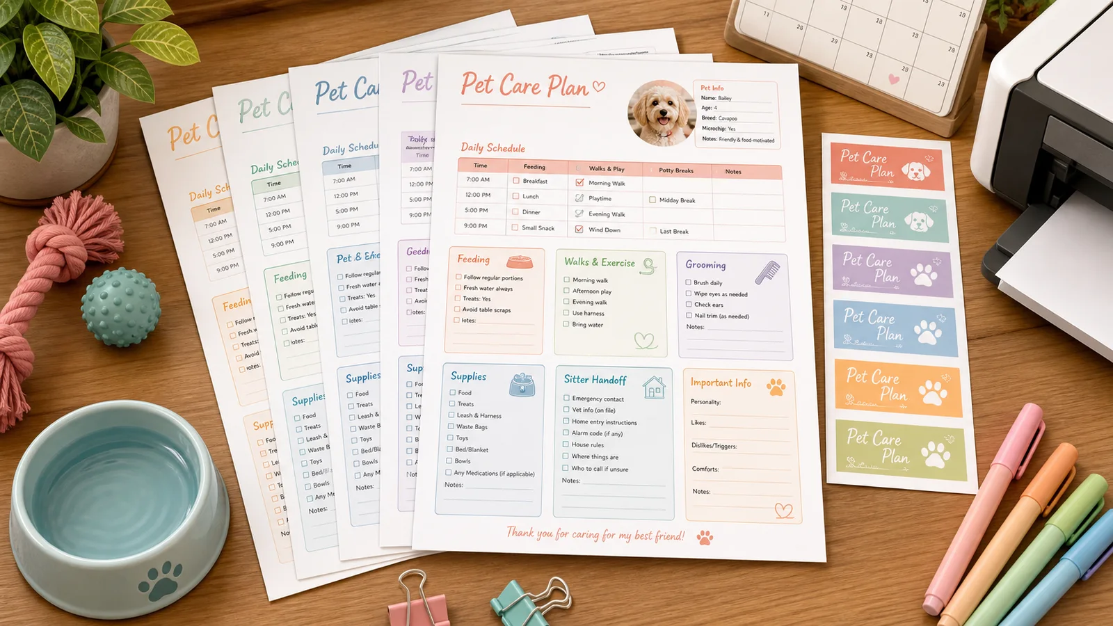 Finished printable pet care plan with soft colorful print style previews