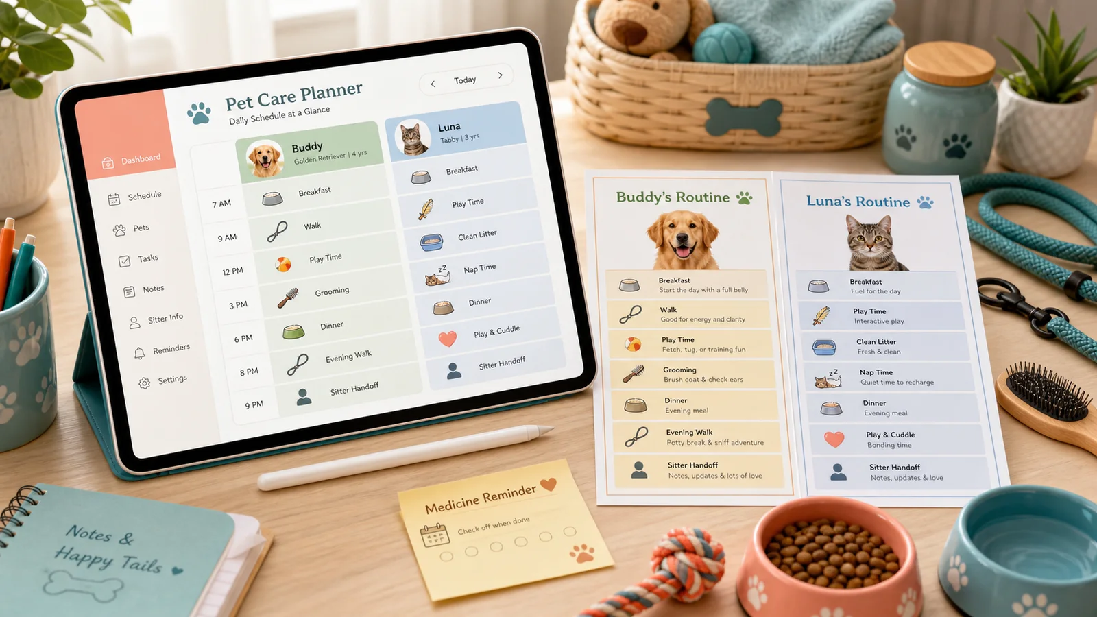Pet Care Schedule and Checklist Planner routine inputs beside printed dog and cat schedule cards
