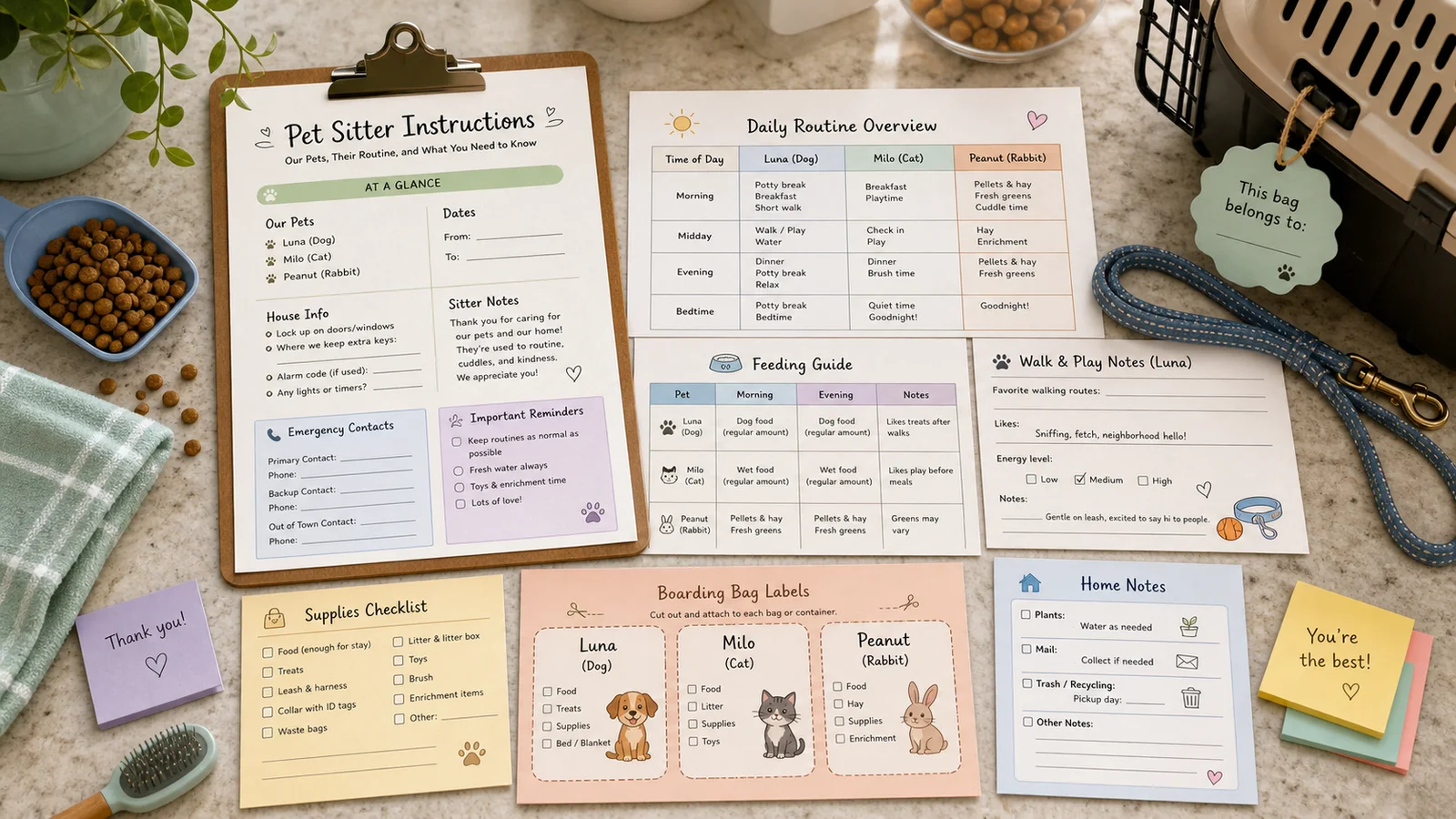 Printable pet sitter instructions, boarding handoff checklist, feeding table, and supplies list