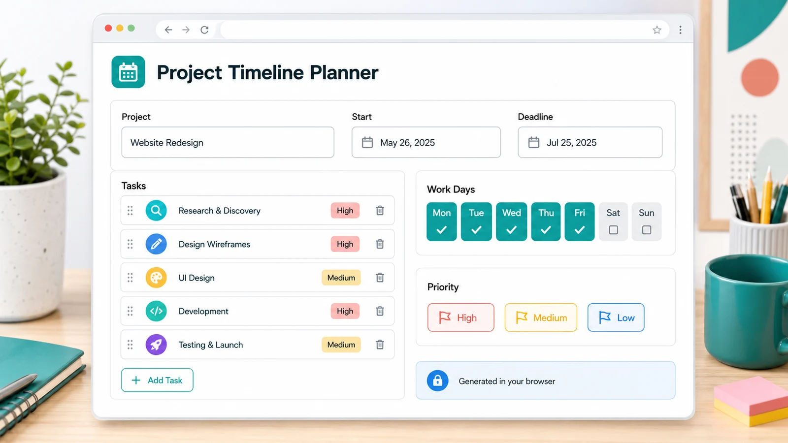 Project Timeline Planner input screen with dates, task priorities, work days, and browser generation note