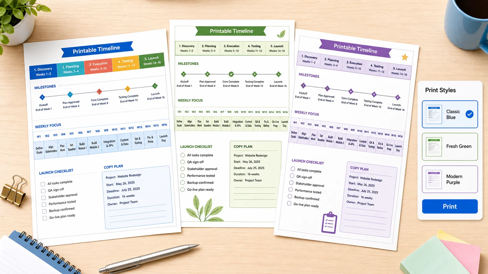 Printable Project Timeline Planner pages with colorful phase bands, milestones, checklist, and print style selector