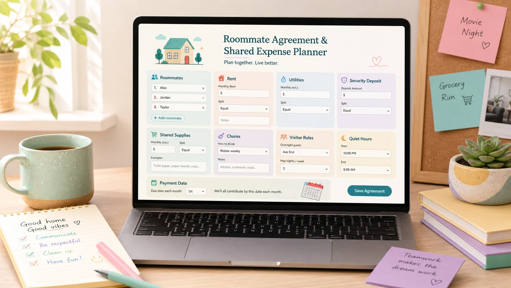 Roommate Agreement and Shared Expense Planner input form with rent, utilities, deposit, chores, visitors, quiet hours, and payment date fields