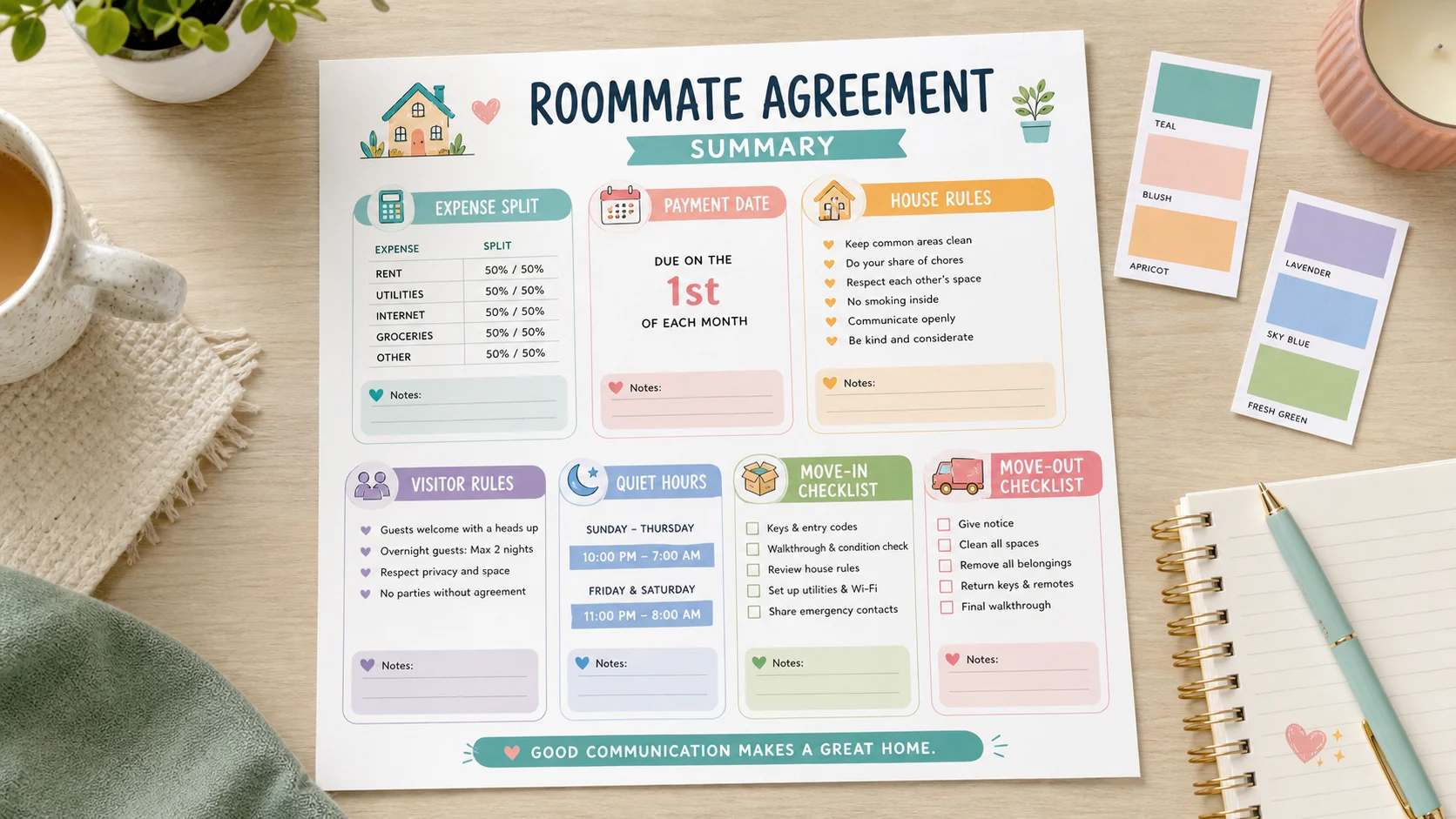 Printable roommate agreement summary with soft colorful print style swatches